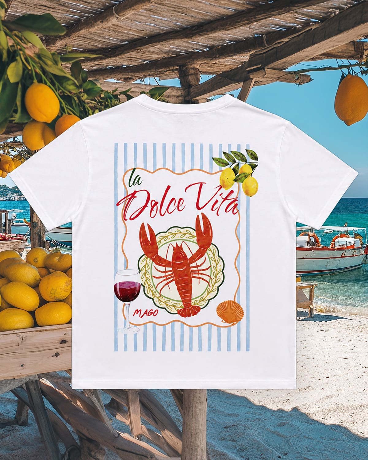T-shirt Mago Dolce Vita dos avec illustration écrevisse rayures bleu ciel et citrons