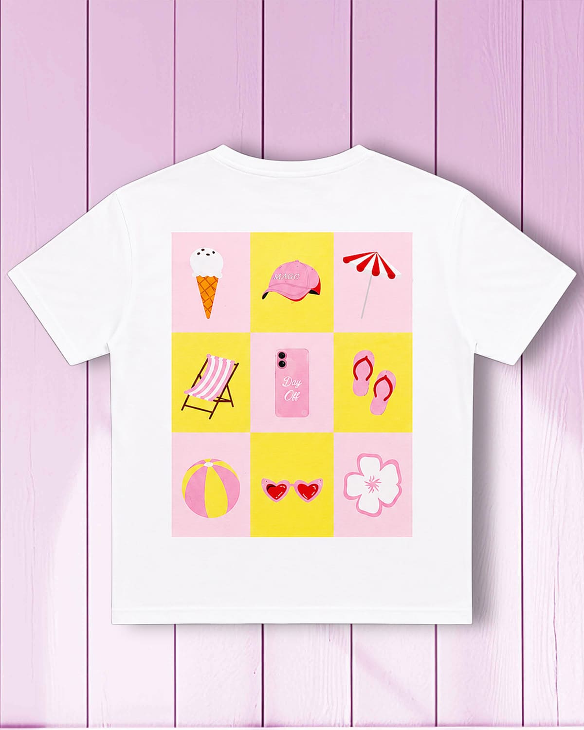 T-shirt Mago Summer Day Off dos avec illustration plage et vacances rose et jaune